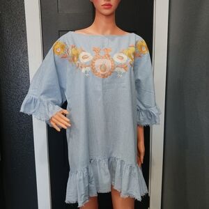 Zara Women's Floral Embroidered Gingham Light Blue Oversized Tunic Dress Sz M